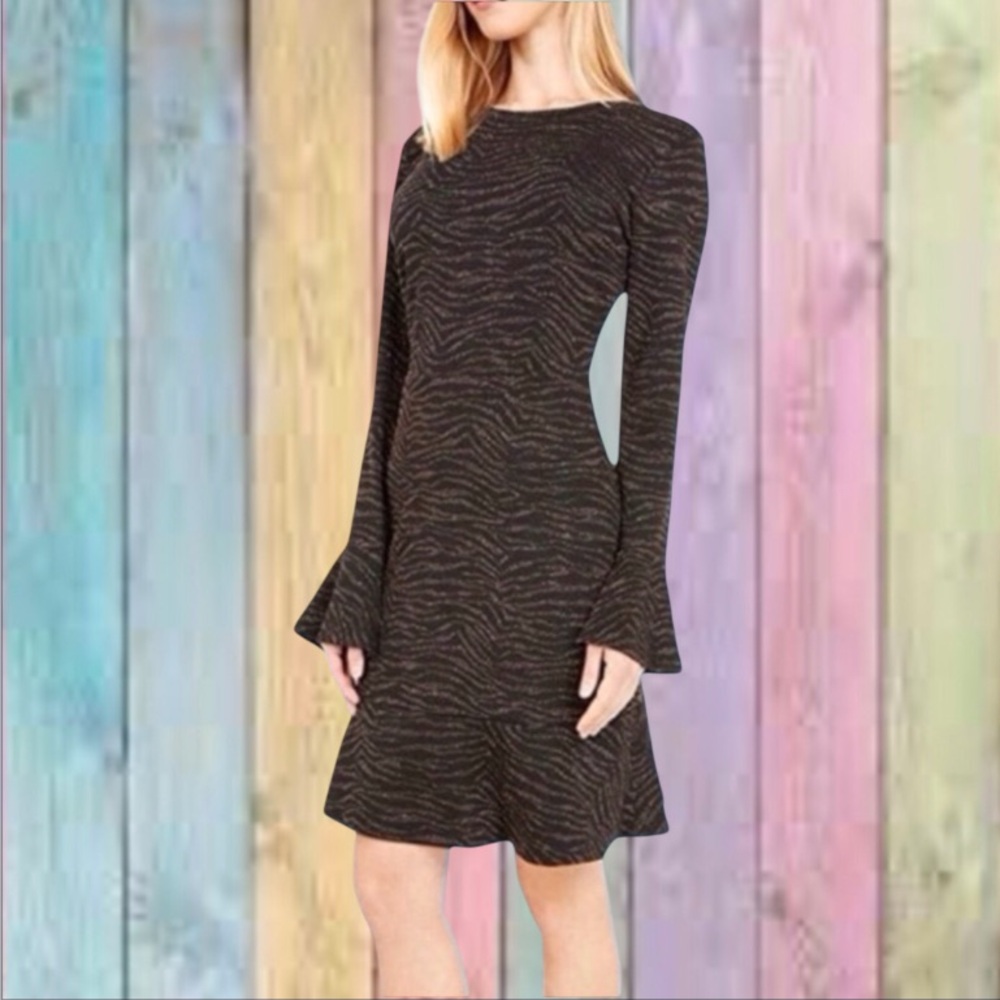 Michael Kors Black Brown Metallic Caramel Flounce Dress NWT